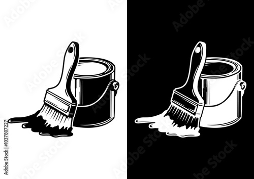 Paint Can & Paint Brush Painter Design Vector Illustration Line Art Black White Background