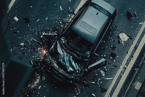 Aerial view of a wrecked car on the road surrounded by debris, highlighting the aftermath of a traffic accident. photo