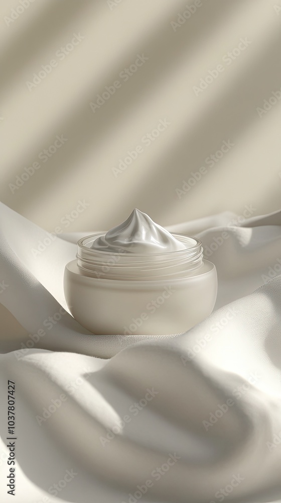 Luxurious cream in a glass jar on soft fabric, perfect for beauty and skincare promotion, highlighting smooth texture and elegance. Luxurious cream in a glass jar on soft fabric, perfect for beauty and skincare promotion, highlighting smooth texture and elegance.