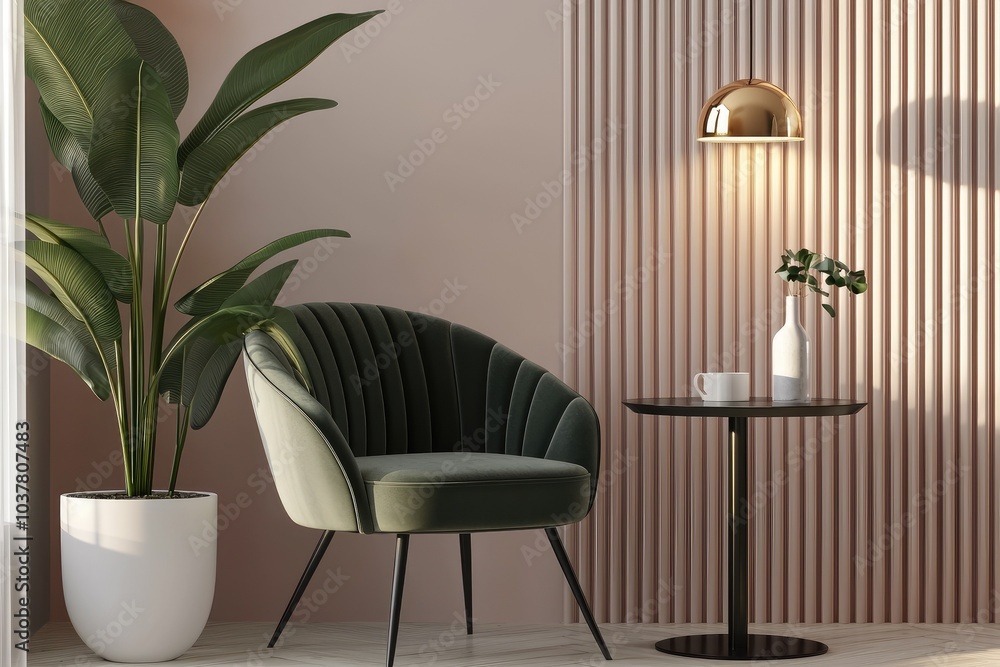 Fototapeta premium Stylish interior featuring a green chair, modern lamp, plant, and chic decor, creating a cozy and inviting atmosphere.