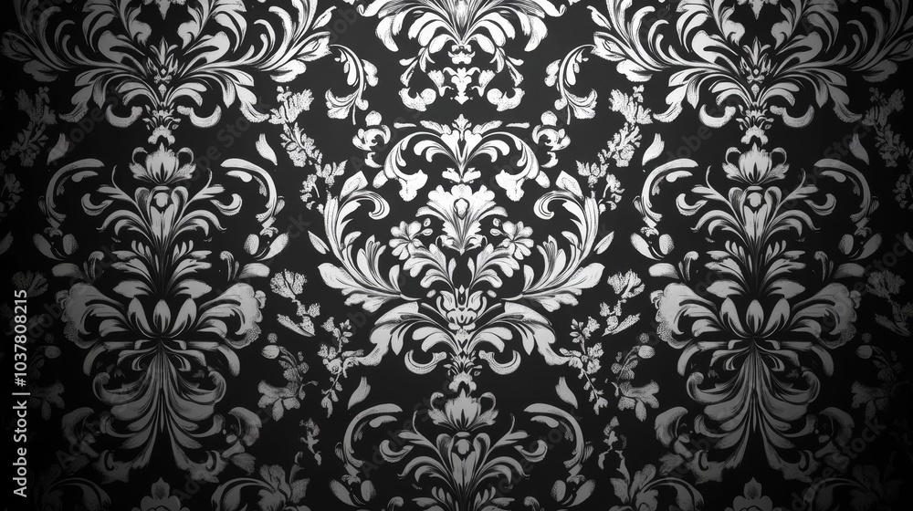A decorative black and silver damask pattern, ideal for backgrounds or textile designs. A decorative black and silver damask pattern, ideal for backgrounds or textile designs.