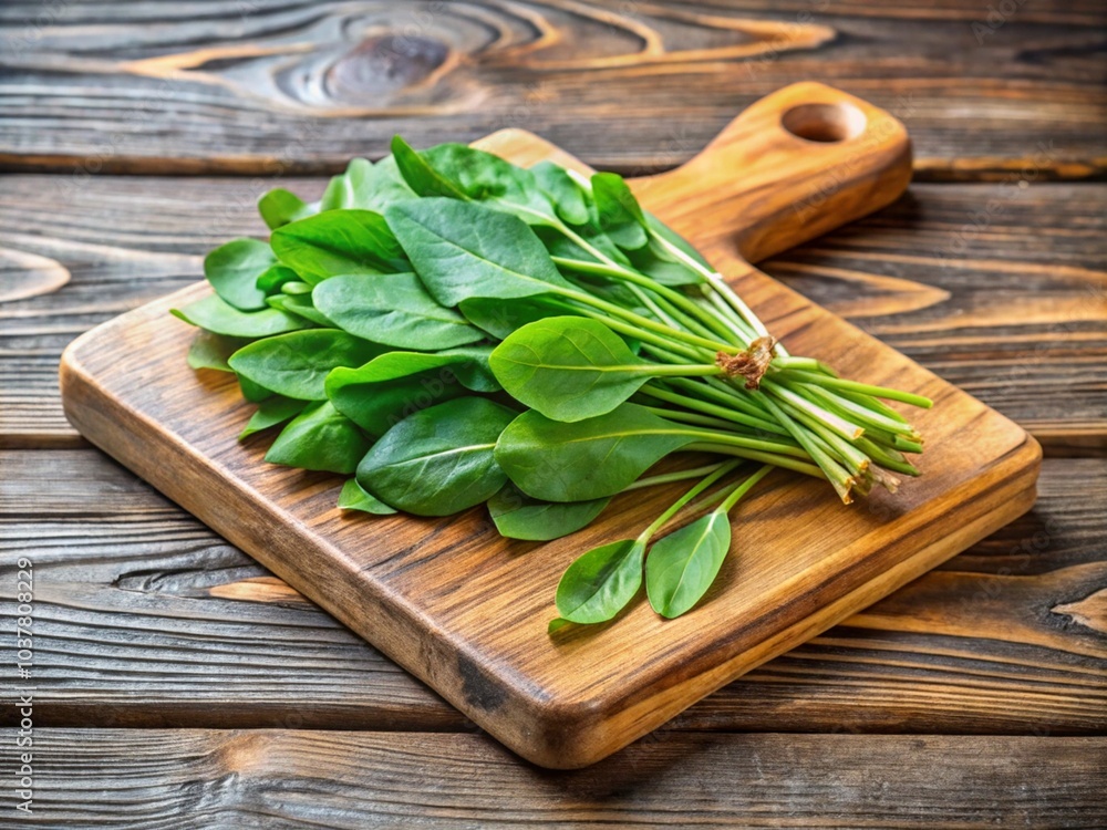 Kamen-na-Obi, Altai, Russia - May 23, 2020: Green leaves of sorrel lie on a wooden board. Veiw Kamen-na-Obi, Altai, Russia - May 23, 2020: Green leaves of sorrel lie on a wooden board. Veiw