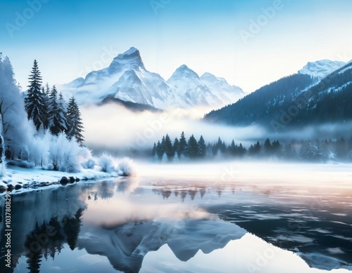 Winter Landscape with Snowy Mountains and Frozen Lake Reflection