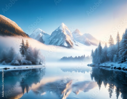 Winter Landscape with Snowy Mountains and Frozen Lake Reflection