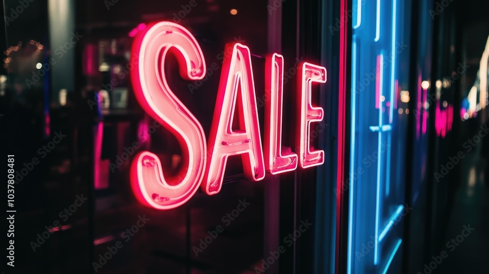 Neon glowing Sale sign. Bright illuminated banner for shopping promotion Neon glowing Sale sign. Bright illuminated banner for shopping promotion