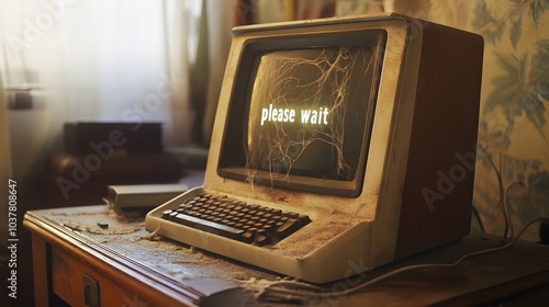 old computer on desk with cobwebs and 