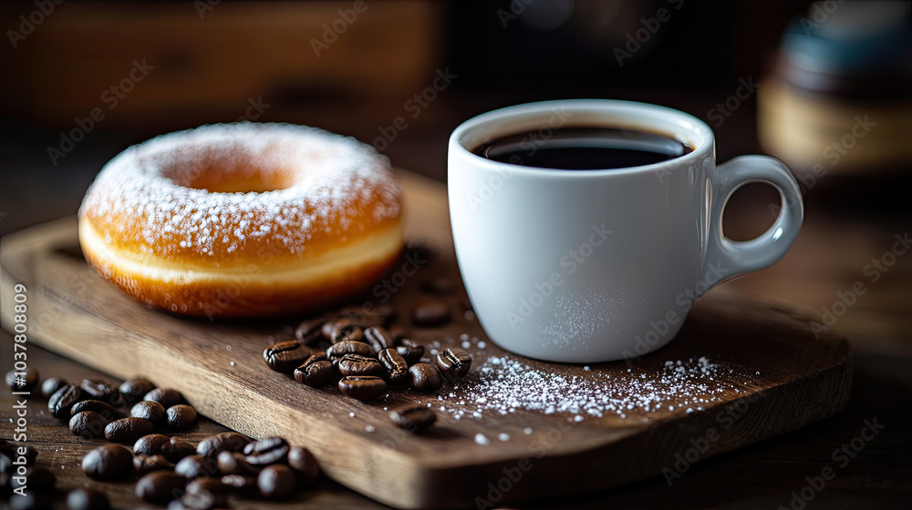 A cup of coffee and donuts on the table A cup of coffee and donuts on the table