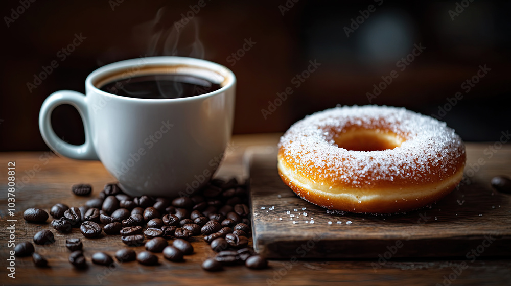 A cup of coffee and donuts on the table A cup of coffee and donuts on the table