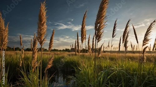 Animation of Wind’s Movement in Reed Grass Views. Gentle wind softly flowing through serene reed grass landscapes. Realistic motion. photo