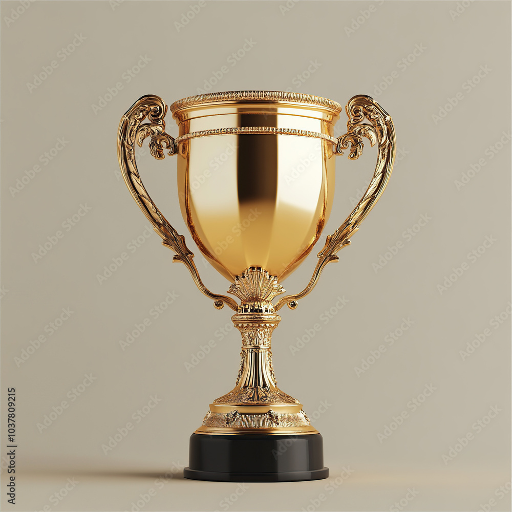 A gold trophy with a black base and a solid color background A gold trophy with a black base and a solid color background