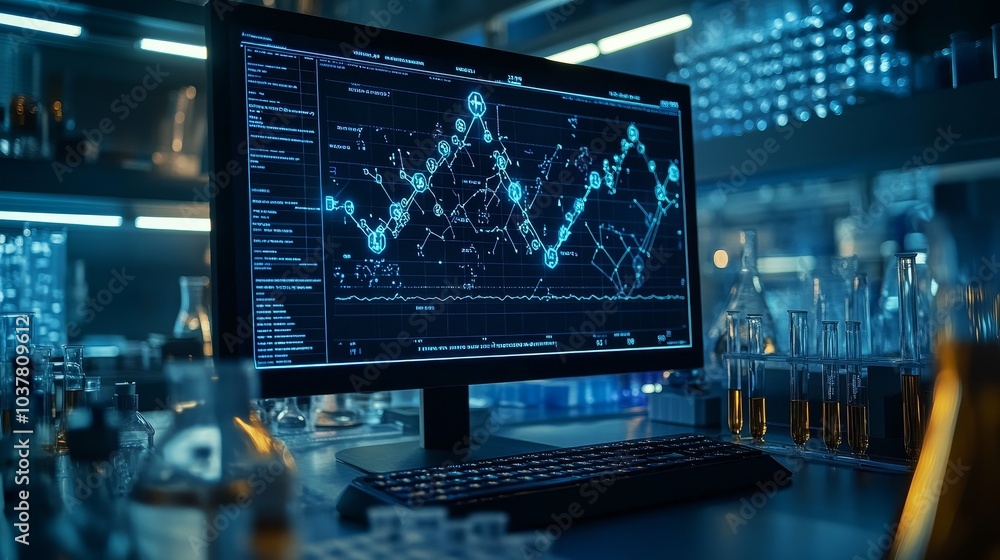 A close-up shot showcasing complex scientific data, charts, and molecular structures on a high-tech computer screen, with a bright modern laboratory in the background. A close-up shot showcasing complex scientific data, charts, and molecular structures on a high-tech computer screen, with a bright modern laboratory in the background.