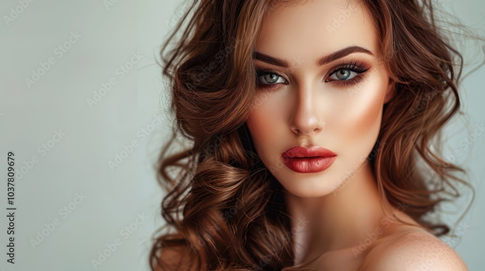 Fototapeta premium Elegant Brunette: a stunning brunette supermodel with beautiful, flowing hair, radiating sophistication and style.