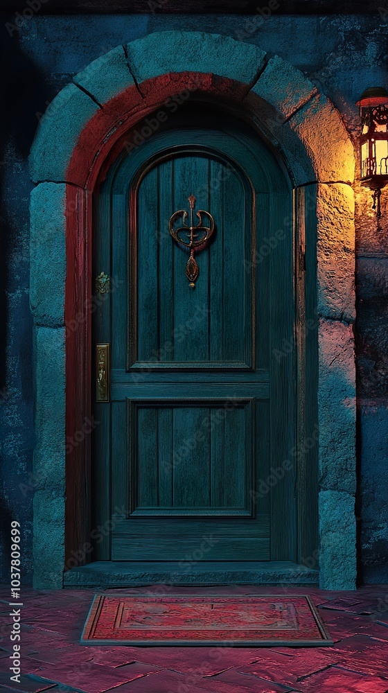 Arched Doorway with Lantern and Doormat Arched Doorway with Lantern and Doormat