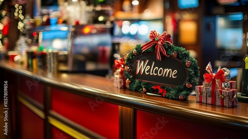 A festive bar scene featuring a "Welcome" sign surrounded by decorations and gifts.