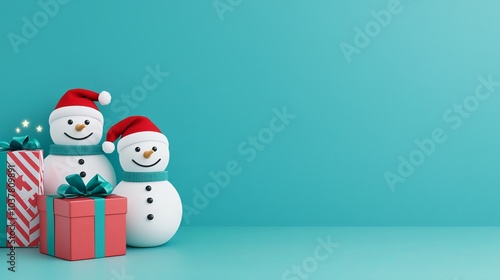 Two cheerful snowmen wearing Santa hats stand beside colorful gifts on a vibrant turquoise backdrop, creating a festive holiday scene.