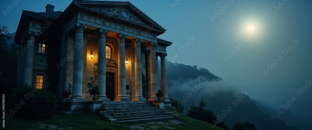 Obraz premium House on a Mountain Peak Illuminated by Starry Night Sky