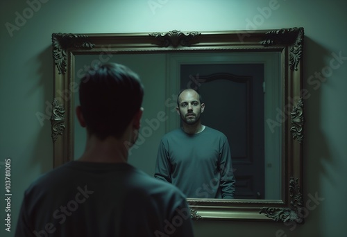 Man Contemplates Reflection in a Mirror in a Dimly Lit Room photo