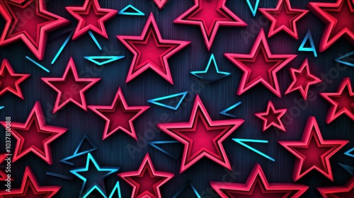 A vibrant backdrop filled with red stars outlined in blue, creating a striking contrast against a dark background.