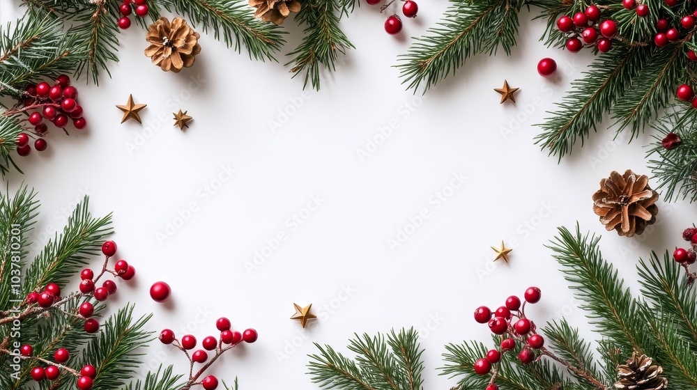 Christmas themed blank letter card frame, decorated with cypress trees and stars on the edges, paired with red holly berries. Vintage style illustrations create a festive and elegant atmosphere Christmas themed blank letter card frame, decorated with cypress trees and stars on the edges, paired with red holly berries. Vintage style illustrations create a festive and elegant atmosphere