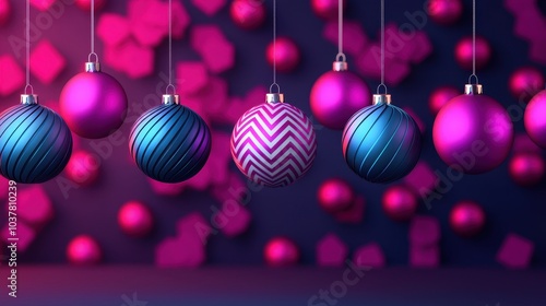 Colorful Christmas ornaments hang against a vibrant backdrop, showcasing patterns and textures, perfect for festive decoration.