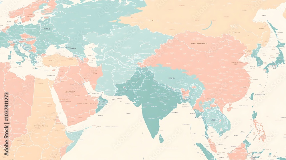 Obraz premium A contemporary map of Asia in pastel colors, with country boundaries and capitals subtly marked