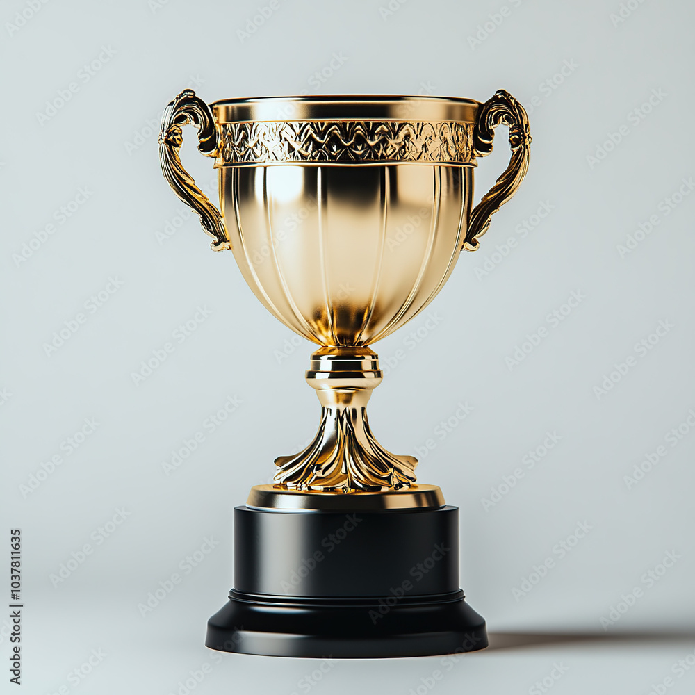 A gold trophy with a black base and a solid color background A gold trophy with a black base and a solid color background