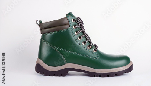 Green leather boot with laces, rugged sole. The background is solid white. Neutral pose. Stylish, durable, adventurous atmosphere.