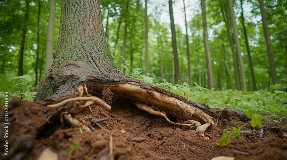 Close-up of tree roots and soil in a lush green forest setting. Close-up of tree roots and soil in a lush green forest setting.