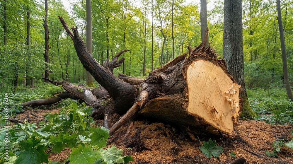 A fallen tree trunk in a lush green forest setting. A fallen tree trunk in a lush green forest setting.