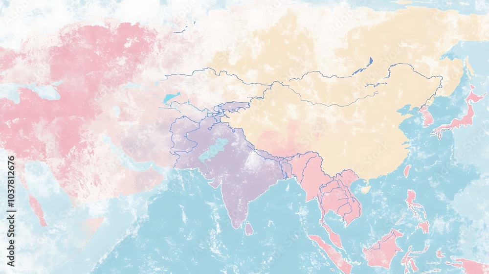 Obraz premium A minimal map of Asia with soft pastel colors and simple country borders, highlighting the continentâ€™s clean design