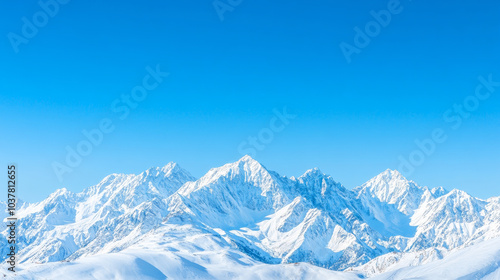 Snow capped mountains under clear blue sky create stunning winter landscape. serene beauty evokes sense of tranquility and wonder.