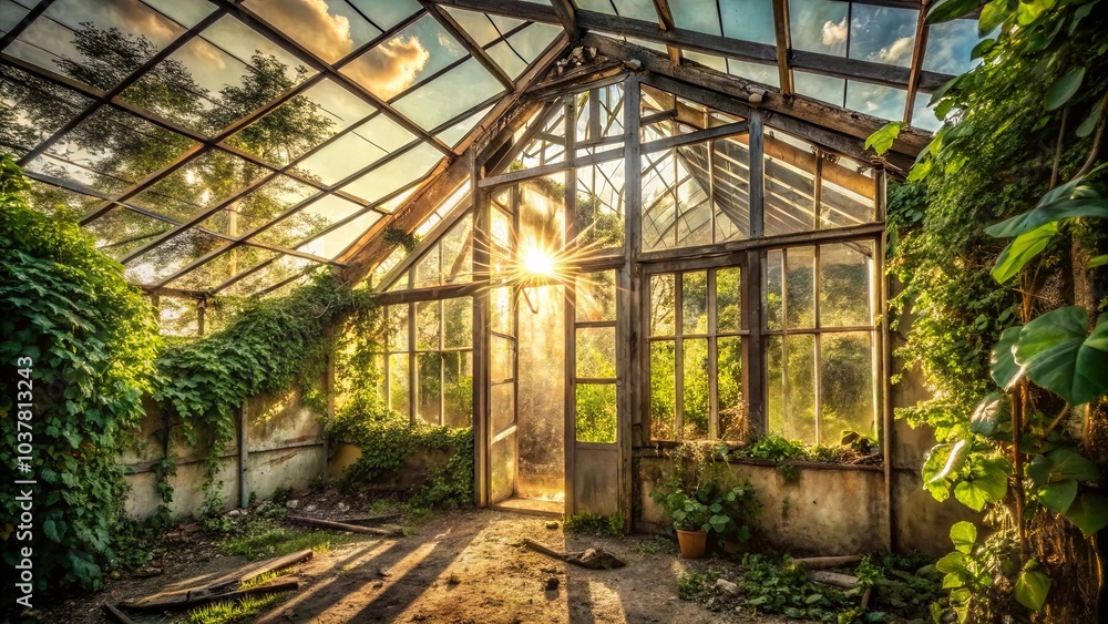 Sunlight streams through the weathered glass panes of an abandoned greenhouse, casting a luminous glow on the overgrown foliage within. Sunlight streams through the weathered glass panes of an abandoned greenhouse, casting a luminous glow on the overgrown foliage within.