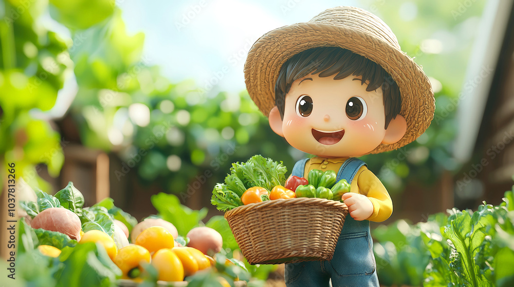 Fototapeta premium cheerful 3D farmer in overalls holds basket of fresh vegetables, surrounded by vibrant garden. scene radiates joy and love for nature