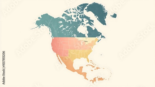 A simple, modern map of North America with bold outlines and a muted color scheme, highlighting the continentâ€™s countries photo