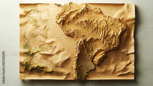 A stylish, minimal map of South America with earthy tones and crisp lines, highlighting natural landscapes and borders