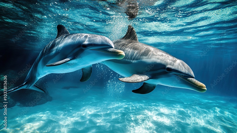 Obraz premium Dolphins utilizing echolocation by emitting blue sound waves underwater to locate food, showcasing their natural hunting skills and advanced sonar abilities. A stunning representation of marine life, 