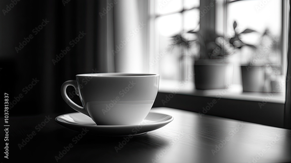 A coffee cup on the table in front of the windowsill, black and white image A coffee cup on the table in front of the windowsill, black and white image