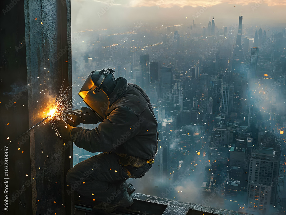 A welder working at great heights, sparks flying against a city skyline backdrop, showcasing industry and human endeavor. A welder working at great heights, sparks flying against a city skyline backdrop, showcasing industry and human endeavor.