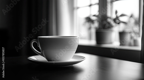 A coffee cup on the table in front of the windowsill, black and white image