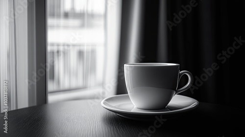 A coffee cup on the table in front of the windowsill, black and white image