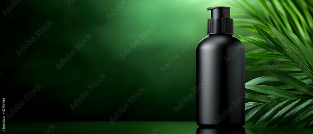 Stylish black bottle on a green background with natural elements, perfect for skincare or cosmetic products. Stylish black bottle on a green background with natural elements, perfect for skincare or cosmetic products.