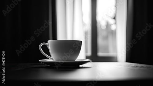 A coffee cup on the table in front of the windowsill, black and white image