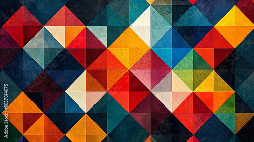 Vibrant geometric abstract pattern featuring sharp angles and rich color palette of reds, blues, greens, and yellows, creating dynamic visual experience