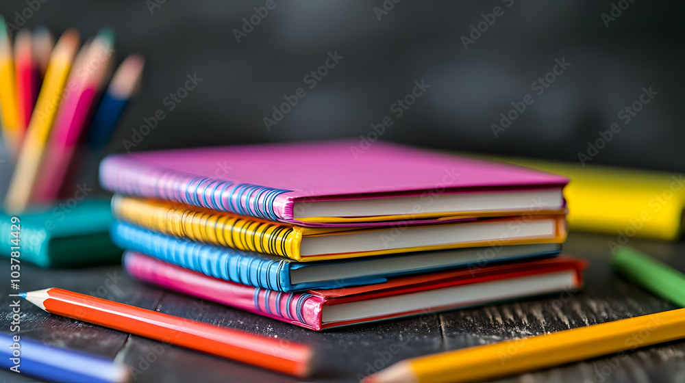 A stack of colorful notebooks with vibrant stationery on a wooden table, showcasing a creative and organized study space. A stack of colorful notebooks with vibrant stationery on a wooden table, showcasing a creative and organized study space.