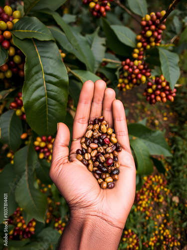 Grains of ripe coffee in the handbreadths of a person. East Africa. Coffee plantation. An excellent illustration. photo