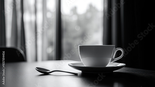 A coffee cup on the table in front of the windowsill, black and white image