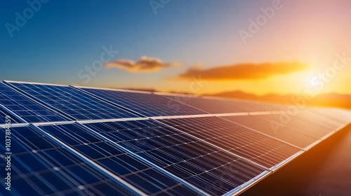 Solar panels absorbing sunlight at sunset, showcasing renewable energy in action against a vibrant sky.