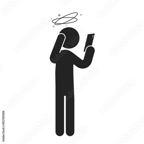 Isolated pictogram man stress, dizzy while holding cellphone, smartphone, headache because phone
