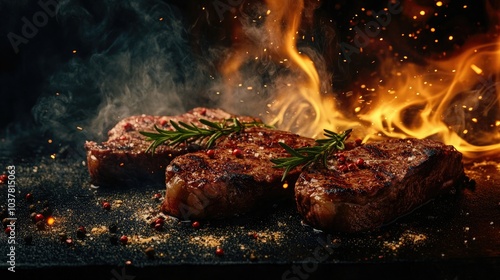 slices of freshly flame grilled steak flying on a dark background with rosemary and seasonings