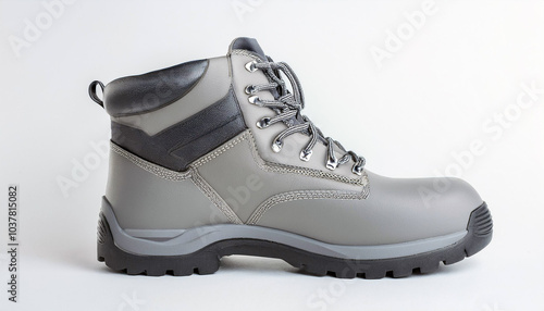 Gray leather work boot with dark gray accents.  Lace-up design.  Solid background.  Sturdy sole.  Practical and reliable.  No specific emotions shown. photo